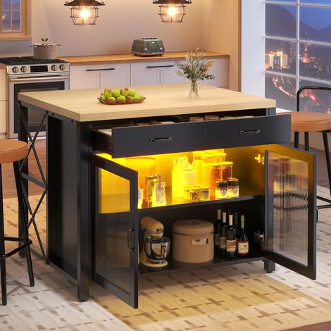 Îlot cuisine LED intégré, table haute noir, plan de travail bar café, pour salon salle à manger, surface bois texturée, pieds ajustables