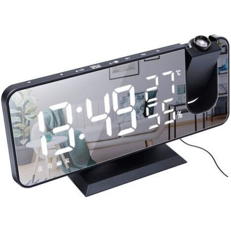 Réveil à Projection pour Chambre à Coucher Grand écran Miroir LED 7,4 '' et Radio-réveil à 4 Gradateurs avec Chargement USB Rotatif à 180 ° 2 Sons