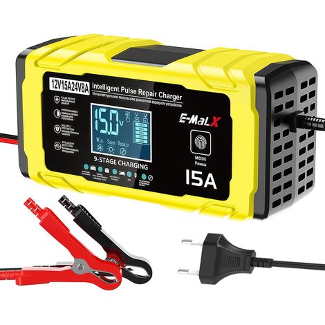 Chargeur Batterie Voitures, Chargeur de Batterie Voiture 12V 15A/24V 8A, Intelligent Chargeur Batterie avec Compensation Température pour Voiture, Camion, Moto (Jaune) (1/5)