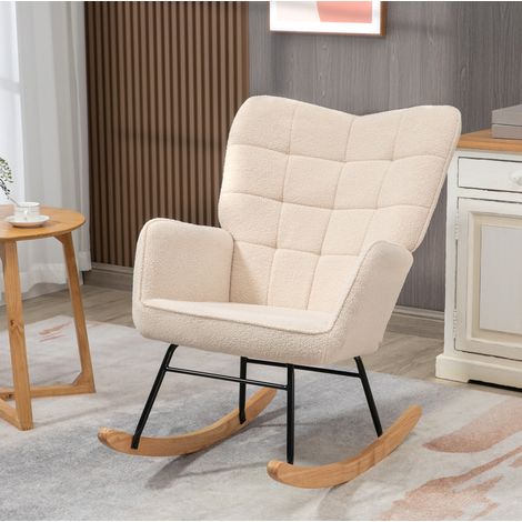 Chaise à bascule en polyester beige, structure acier et base en bois de hêtre, 71x98x101 cm (1/5)