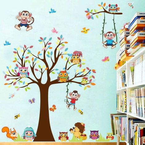 Sticker mural décoratif représentant un singe et un hibou, avec cadre photo animalier. Papier peint autocollant. (1/5)