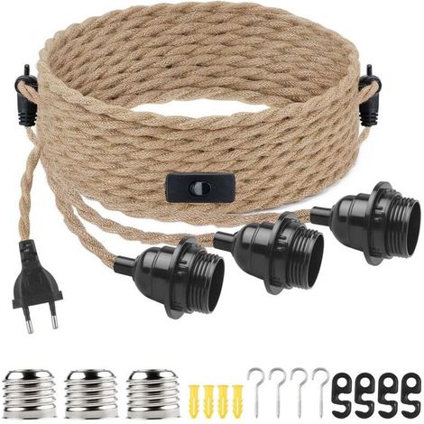 Douille E27 rétro avec interrupteur et prise, câble en corde de chanvre de 6,8 mètres avec joint en T pour suspension DIY (source lumineuse non incluse) (1/5)