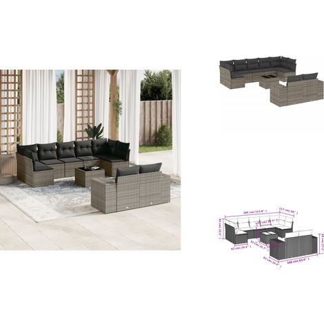 10-tlg. Garten-Sofagarnitur mit Kissen Grau Poly Rattan - Gartenmöbel Set - PE-Rattan Möbel - Outdoor Lounge - Esstisch - Sofasatz (1/3)