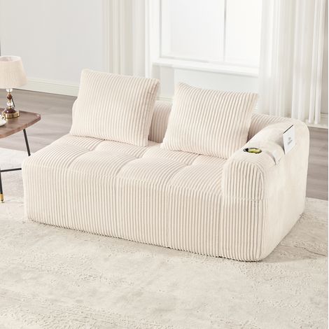Sofa 2-Sitzer aus Cord Beige 158 cm mit Seitenfächern und Getränkehaltern (1/5)