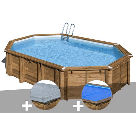 Kit piscine bois Gré Avocado 6,56 x 4,56 x 1,31 m + Bâche hiver + Bâche à bulles