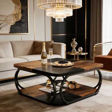 Table basse carrée à deux niveaux, design pratique et moderne, spécialement conçue pour le salon, vendue à l'unité. (1/5)
