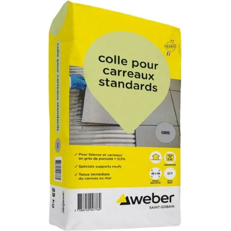 Weber Saint-Gobain Colle pour carreaux standards intérieur / extérieur , Gris 25 kg - pour faïence carreaux poreux , sur supports neufs