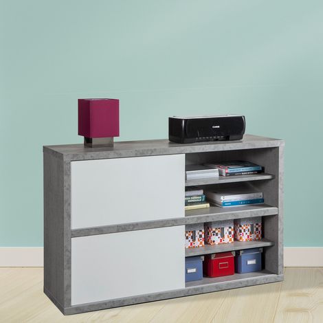 Pratico meuble bas cm35,6x140x87h couleur ciment portes laque'es blanc brillant bureau maison (1/5)
