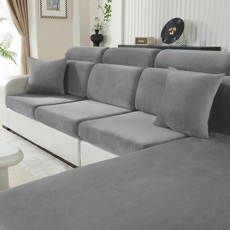 Samt Sitzkissenbezug für Sofa, rutschfest & elastisch, 1-Sitzer, Hellgrau (1/5)