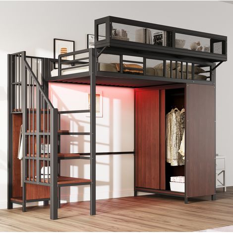 DESVIAE Lit mezzanine 90 x 200 cm avec armoire échelle de rangement LED et garde corps en métal noir avec panneaux aspect bois (1/5)