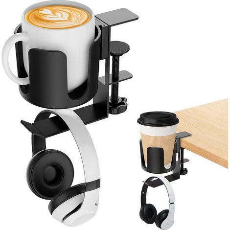 Porte-gobelet 2 en 1 pour table et casque audio (x2), support pour casque, porte-gobelet de bureau, support anti-déversement (1/5)