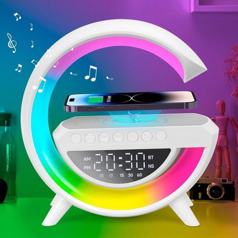 Lampada da comodino a LED con funzione di ricarica, luce ambientale con caricatore wireless da 15 W, lampada da tavolo a LED con altoparlante Bluetooth, luce notturna dimmerabile, sveglia [Classe ener