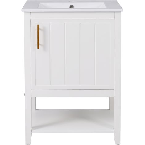 Mueble de baño con lavabo cerámico 60 cm y estante inferior, blanco, HOMVRA (1/5)