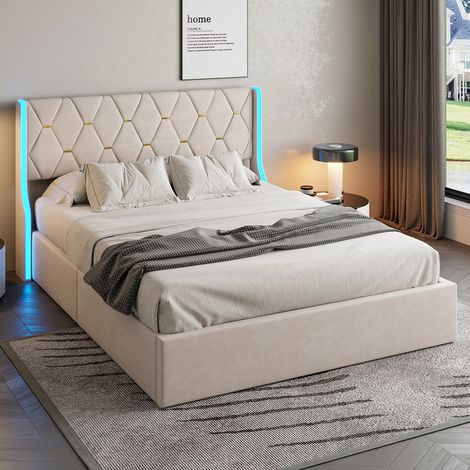 Lit coffre 160 x 200 avec sommier,lit 2 personnes avec éclairage LED et rangement,lit adulte moderne,lit 160 x 200 avec sommier à lattes en bois,lit double rembourré en velours beige (1/5)