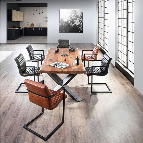 Sitzgruppe Esszimmer mit 200 cm Massivholz Esstisch TARRAS-123 inkl. 6 Stühle mit Echtleder Bezug