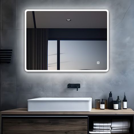 MIQU LED Badspiegel mit Beleuchtung 120x70 cm Badezimmerspiegel Bad Groß Spiegel mit Steckdose Touch Dimmbar Warm / Weiß Front Licht Beschlagfrei Wandspiegel für Badezimme (1/4)