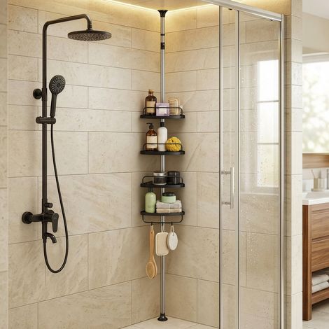 Étagère de Douche Télescopique, avec 4 Tablettes, 3 Crochets, Acier Inoxydable, Salle de bain, Argent et Noir (1/5)
