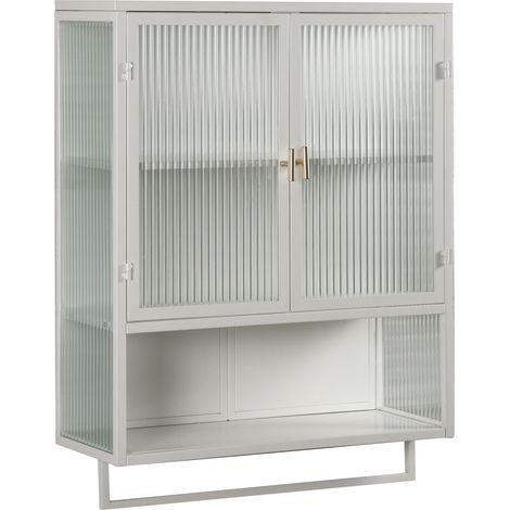 Armario mural blanco de 60 cm con 2 puertas, cristal y metal, estante abierto y toallero (1/5)