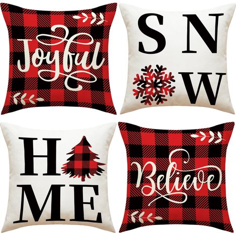 Lot de 4 housses de coussin, style champêtre, lin rustique, motif Noël, pour salon et chambre (1/5)