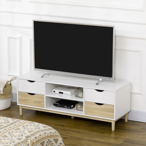 Mueble TV de Salón Mesa para Televisores de hasta 55" con Estantes y 4 Cajones 120x40x44,5 cm Blanco y Roble (1/5)