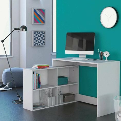 Dmora - Escritorio Kyarr, Escritorio multiusos, Mesa de oficina para PC, El plan de trabajo, 112x101 h77 cm, Blanco mate (1/5)