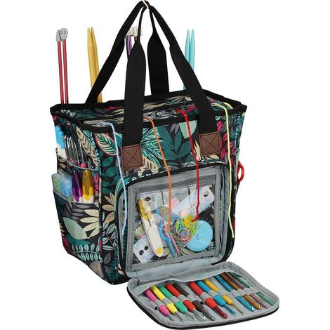 Sac de rangement pour tricot grande capacité, sac de laine bleu à motif feuille, portable