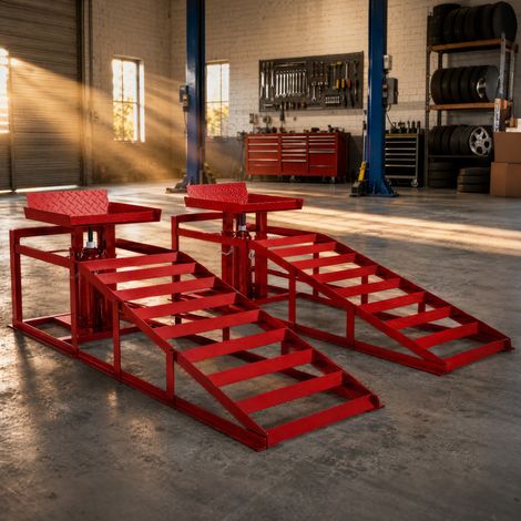 Lot de 2 Rampes d'Accès avec Cric Hydraulique 3T, Hauteur Réglable, Largeur d'Accès 230mm, 114x34,5x27cm, Rouge (1/5)