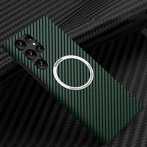 Coque magnétique en fibre de carbone compatible Samsung Galaxy S23 Ultra/S23 Plus/S23 avec recharge sans fil, étui Magsafe vert (1/5)