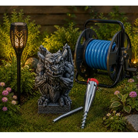 Solar Garden Care Set (4-Piece) – Torch Lamp, Parasol Anchor, Gargoyle Ornament & 30 m Hose Reel (1/5)