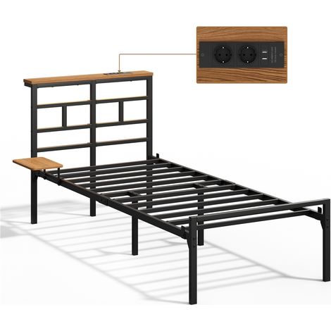 Yaheetech Letto 90 × 200 cm in Metallo, Letto Singolo con Illuminazione a LED e Stazione di Ricarica, Struttura Letto con Testiera in Legno e Rack Laterale, Facile da Montare