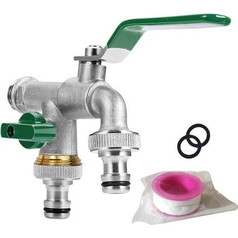 Garden tap set (green), double outlet tap, 2 O-rings + 7m roll of sealing tape (1/5)