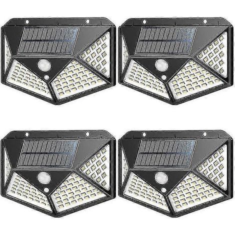Lot de 4 lampes solaires d'extérieur à 100 LED, avec détecteur de mouvement, projecteur solaire sans fil et 3 modes intelligents, étanche. (1/2)