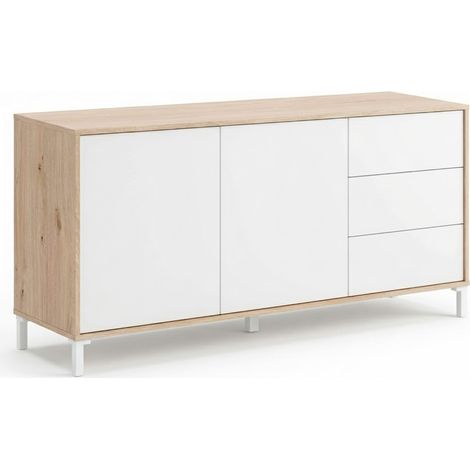 Credenza Madia Con 2 Ante E 3 Cassetti Mobile Contenitore Moderno Con Ripiani Interni Guide In Metallo E Piedini In ABS 154 x 41 x 75 Cm Rovere E Bianco