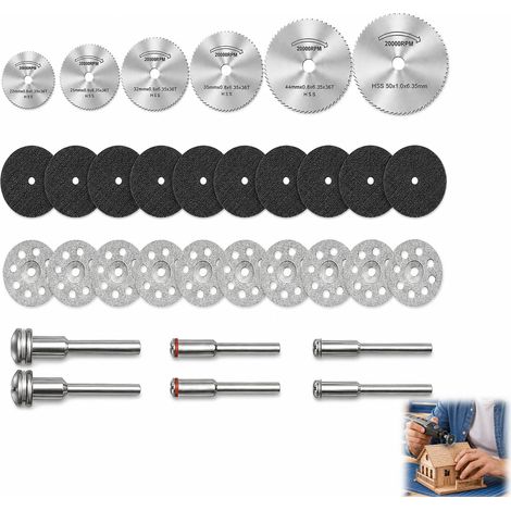 32 Pièces Mini Disques Diamant à Tronçonner, Disque de Coupe en Résine, Lame Scie Circulaire HSS, Accessoires de Coupe pour Outil Rotatif avec 3 mm Mandrin pour Bois, Métal, Verre, Plastique, Pierre (1/5)