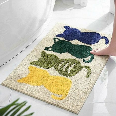 50x80cm Extra Soft Microfiber Non-Slip Bath Mat with 4 Cats Pattern, Machine Washable Bathroom Rug, Super Absorbent Bath Mat, Khaki (1/5)