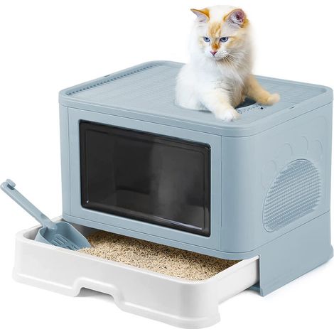 Bac à Litière Fermé pour Chat, 48.5 x 36.5 x 38 cm,Bleu (1/5)