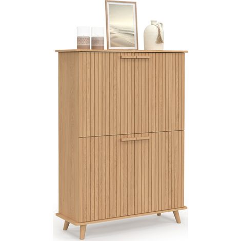 Meuble de rangement 4 portes JULIETTE effet lattes tasseau bois coloris chêne