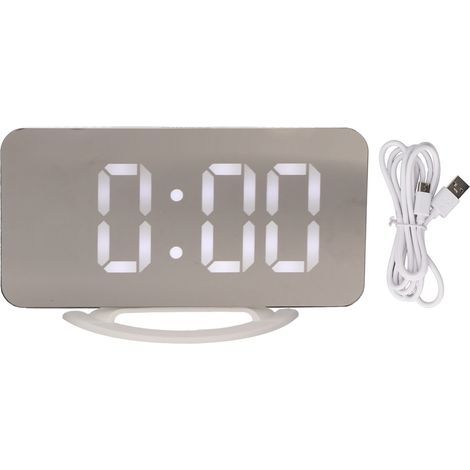 Réveil LED avec Sortie USB Double, Affichage Miroir, Luminosité 3 Niveaux, Détection Lumière, Température, Cadran Blanc Lettres Blanches (1/5)
