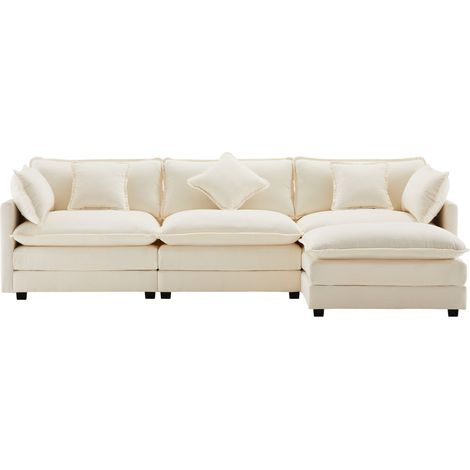 Sofá rinconero L moderno de chenilla beige, 3 plazas con puf móvil (1/5)