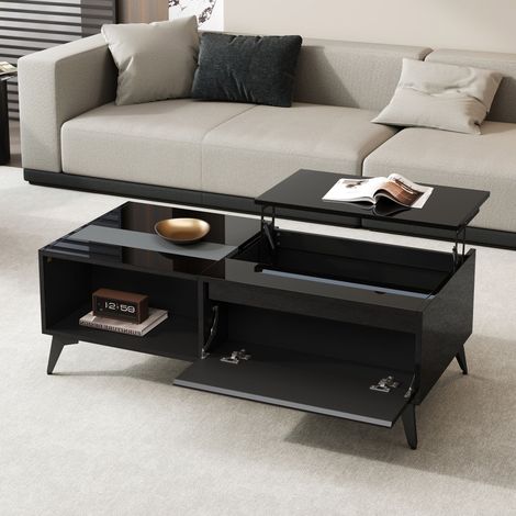 REDOM Table basse relevable 110x50x48 cm design noir brillant bois avec rangement dissimulé (1/5)