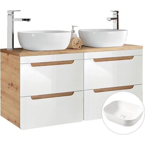 Doppel-Waschtischunterschrank 120 cm mit 42 cm Keramibecken LUTON-56 Hochglanz weiß mit Wotan Eiche Nb. B/H/T ca. 121/76,5/46 cm (1/5)