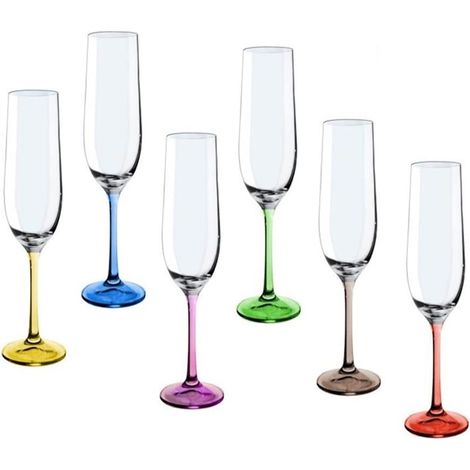 Lot de 6 verres à champagne modèle 24 cm. Pied couleurs assorties 19 cl. (1/2)