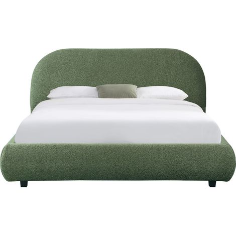 Lit adulte 140x190 cm avec sommier et tête de lit matelassée en tissu bouclé vert kaki - Maddie