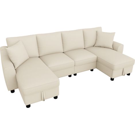 Canapé d'angle en U 2 places en chenille beige avec deux chaises longues à rangement, modulable, 280x137x84 cm (1/5)