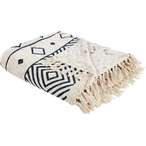 Manta de algodón motivo geométrico accesorio tejido a mano flecos beige y azul marino 200 x 220 cm Najuy
