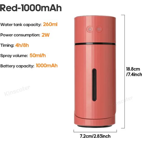 Humidificateur d'air sans fil (rouge) de 260 ml avec diffuseur d'arômes USB et batterie rechargeable de 1000 mAh. (1/4)