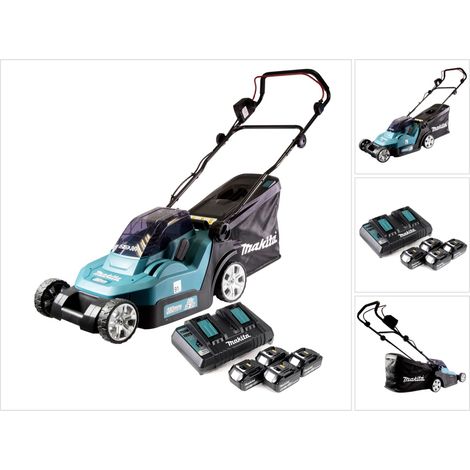 Makita DLM 432 PG4 Tondeuse à gazon sans fil 36 V (2x 18 V) 43 cm brushless + 4x Batteries 6.0 Ah + Chargeur double