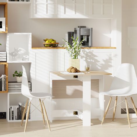 Table de salle à manger extensible. Table pliante en bois de chêne blanc, dimensions 103 × 76 × 73,5 cm.