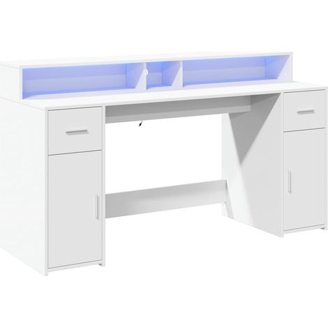 Escritorio mesa puesto de trabajo escritorio de ordenador mueble de estudio con iluminación LED 160 x 55 x 91 cm madera de ingeniería blanca 020023408 (1/5)