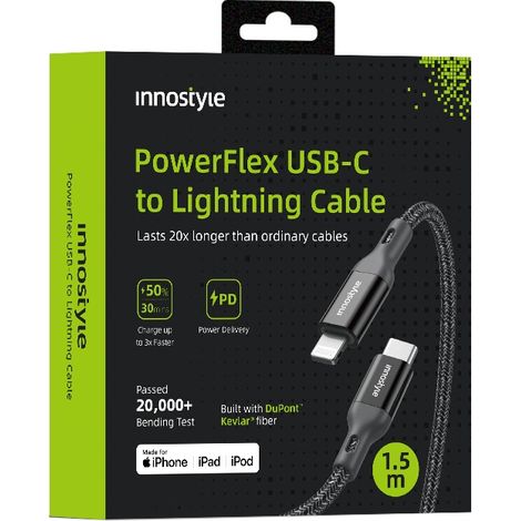 Cable USB-C Lightning Innostyle Powerflex con carga rápida MFi para iPhone, de kevlar, 2 m, color negro.